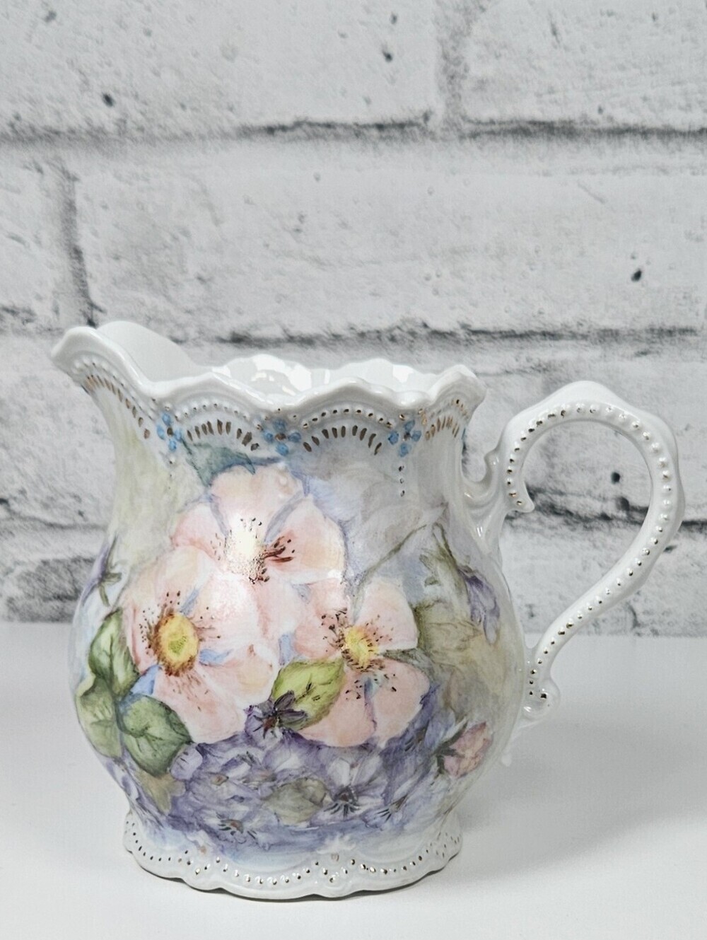 Hand Painted Floral Porcelain Pitcher Vase Signed M Redfield 1973